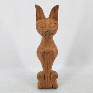 Vintage Hand Carved Wooden Cat Figurine – Mid Century Folk Art – 11" Tall‎